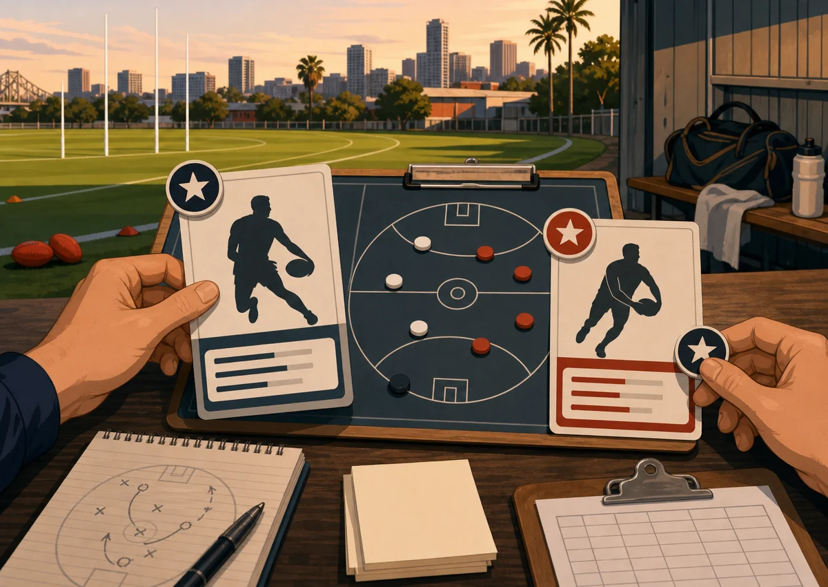 Editorial captaincy board with neutral high-ceiling midfielder and reliable scoring midfielder role cards, captain and vice-captain markers, and a blank fixture note