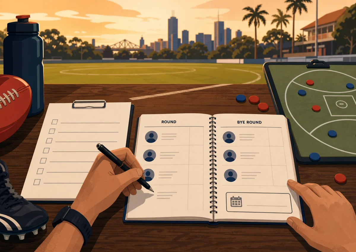 Clean paper checklist beside a fixture notebook with round and bye-round headings and a visible source-date box
