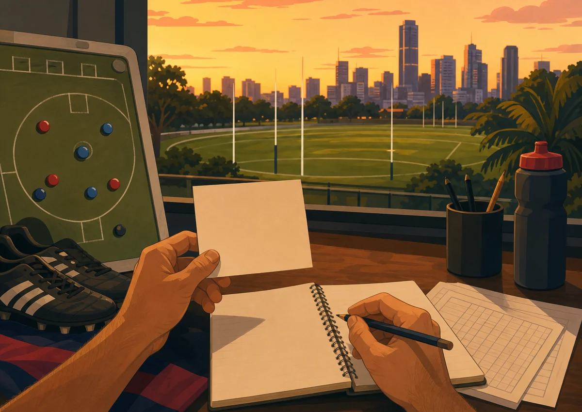 Quiet editorial desk near warm evening light with a notebook, pencil and blank message card