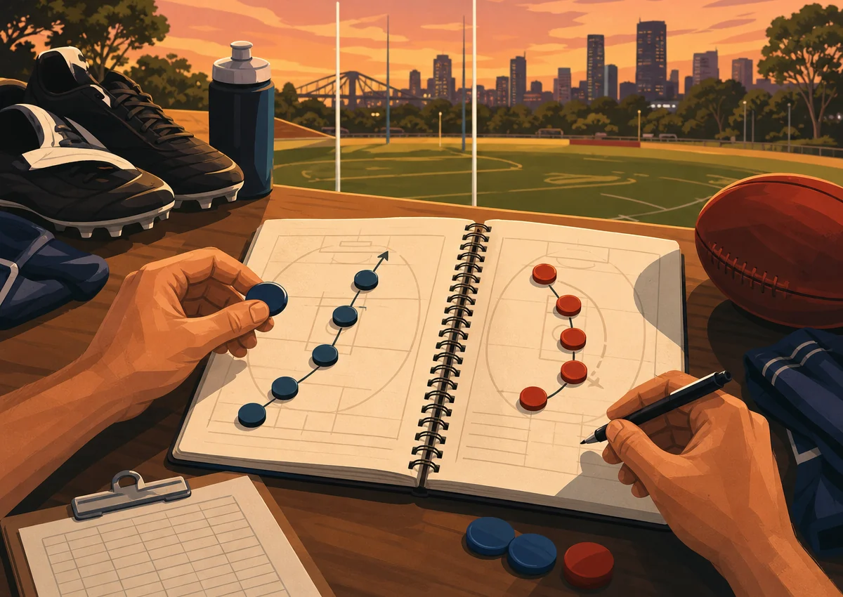 Warm evening tactical desk notebook split between a favourable fixture run and a tougher matchup sequence using abstract magnets