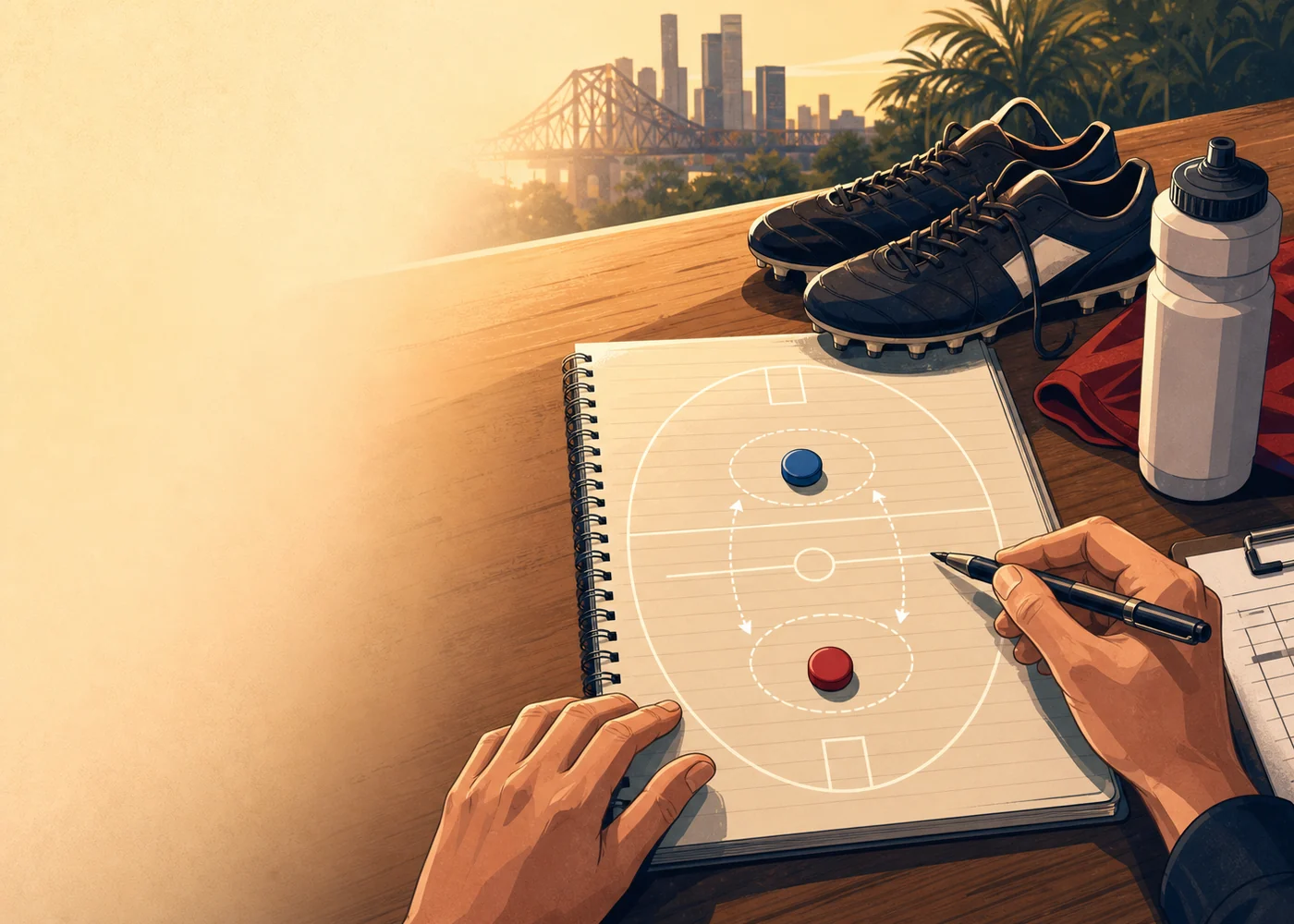 Notebook, oval markings and two unlabelled magnetic player markers arranged for a captain and vice-captain comparison on a warm Australian desk