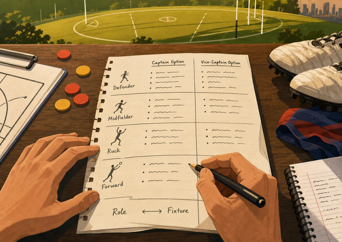 Handwritten comparison sheet with defender, midfielder, ruck and forward role notes and a small source-date mark