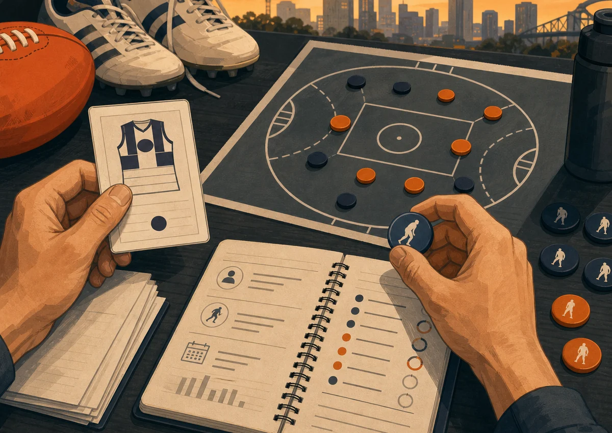 Charcoal and warm-paper desk showing a starting ruck card, flexible bench marker and salary allocation notes beside an oval diagram