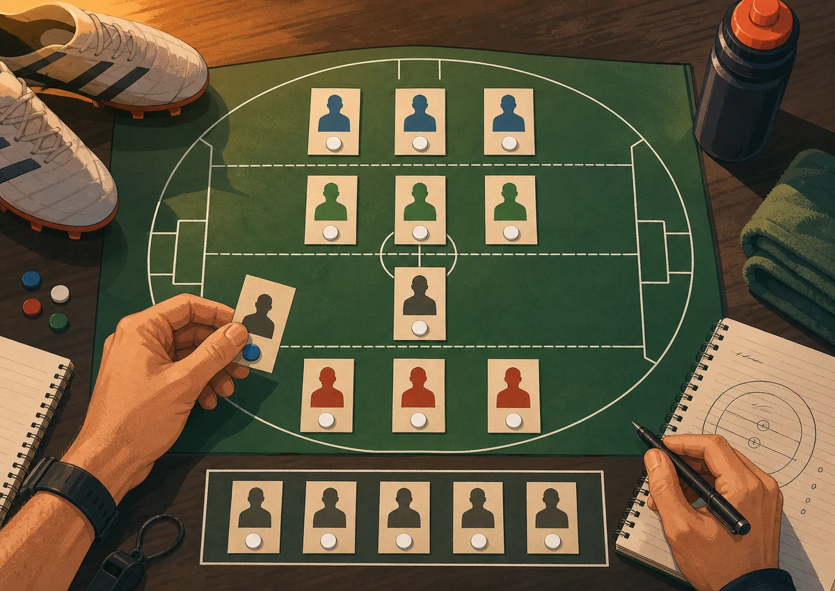 Top-down squad-planning board with defender, midfielder, ruck and forward areas plus a separate bench row made from paper cards