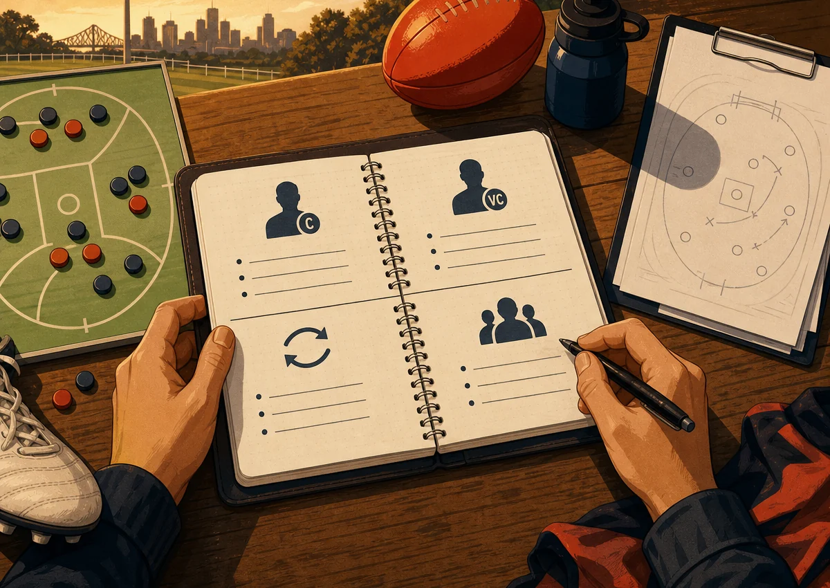Warm tactical desk notebook divided into incoming player, salary released, available trades and squad balance sections